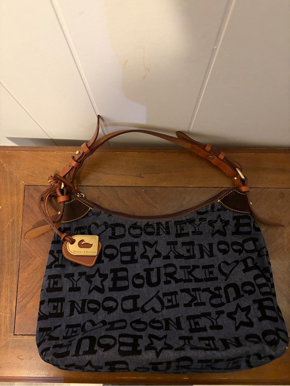 Dooney & Bourke Black Logo Jacquard Shoulder Bag with Brown Leather Trim